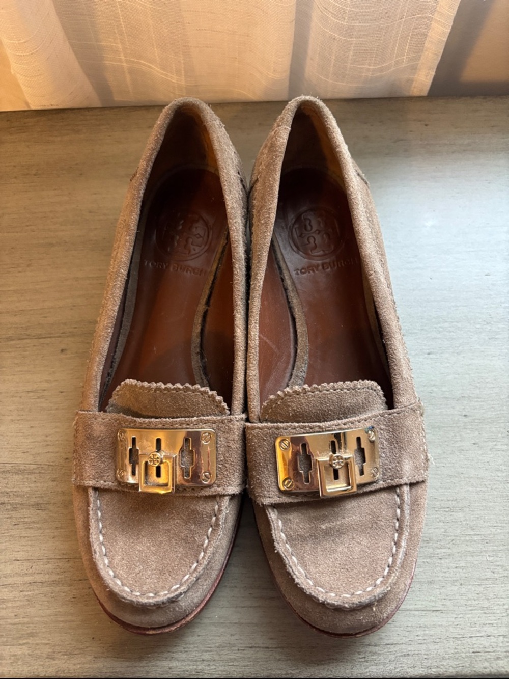 Tory Burch Taupe Suede Loafers with Gold-Tone Hardware